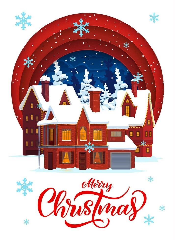 Christmas paper cut banner with snowy winter town vector