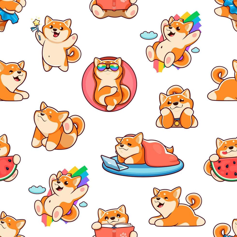 Cartoon Shiba Inu dog characters seamless pattern vector