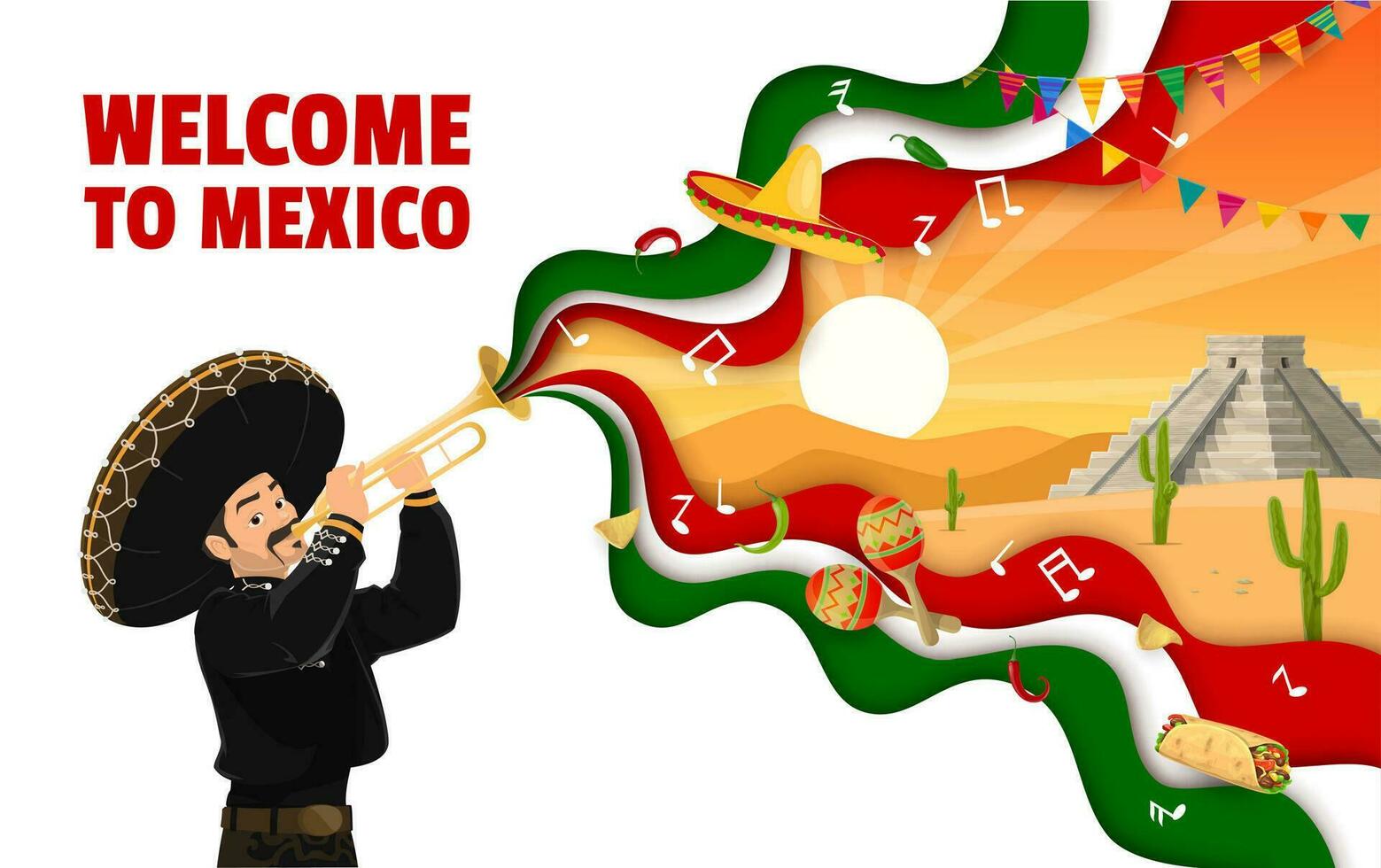 Bienvenido a mexico bandera con Mariachi personaje vector