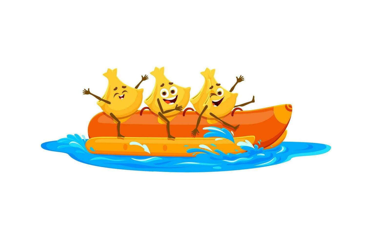 Cartoon cheerful fagottini pasta ride banana boat vector