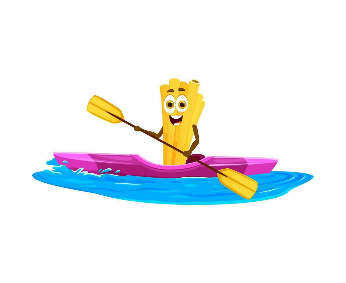 Cartoon cheerful bucatini pasta paddles a kayak vector