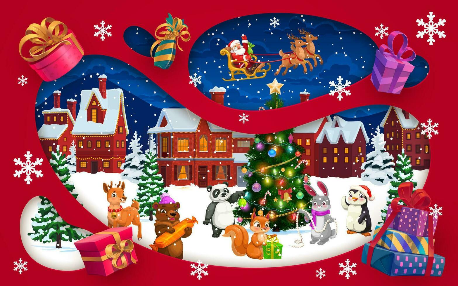 Christmas paper cut winter town, Santa on sleigh vector