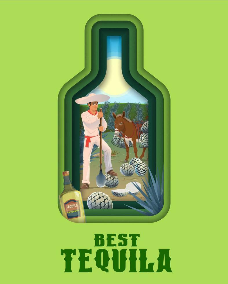Mexican jimador with blue agave, paper cut poster vector