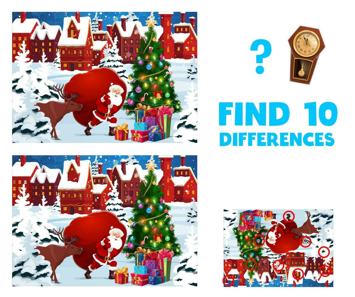 Christmas game worksheet, find ten differences vector