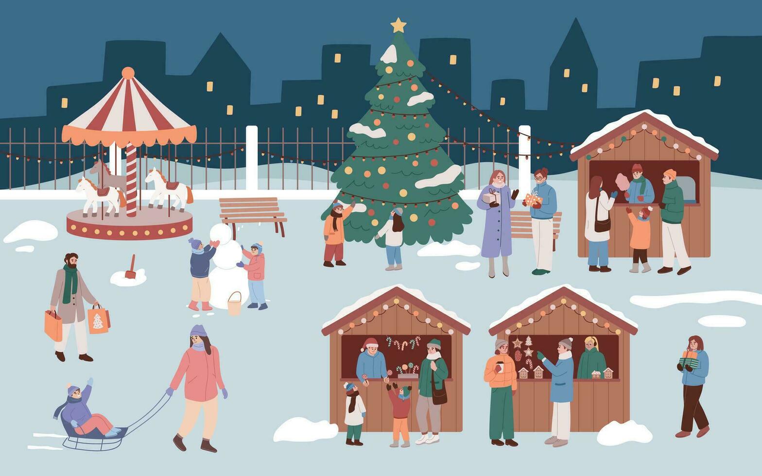 Christmas fair. Christmas market. Family, people, buying treats, having fun, shopping, drinking and eating. Sale, preparation. Outdoor celebration. New year market. Couples, children with presents. vector