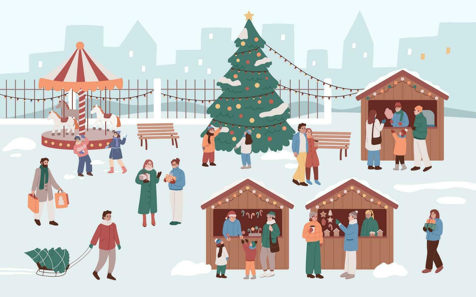 Winter holidays activity and leisure. Christmas fair. Christmas market. Family, people, buying treats, having fun, shopping, drinking and eating. New year market. vector