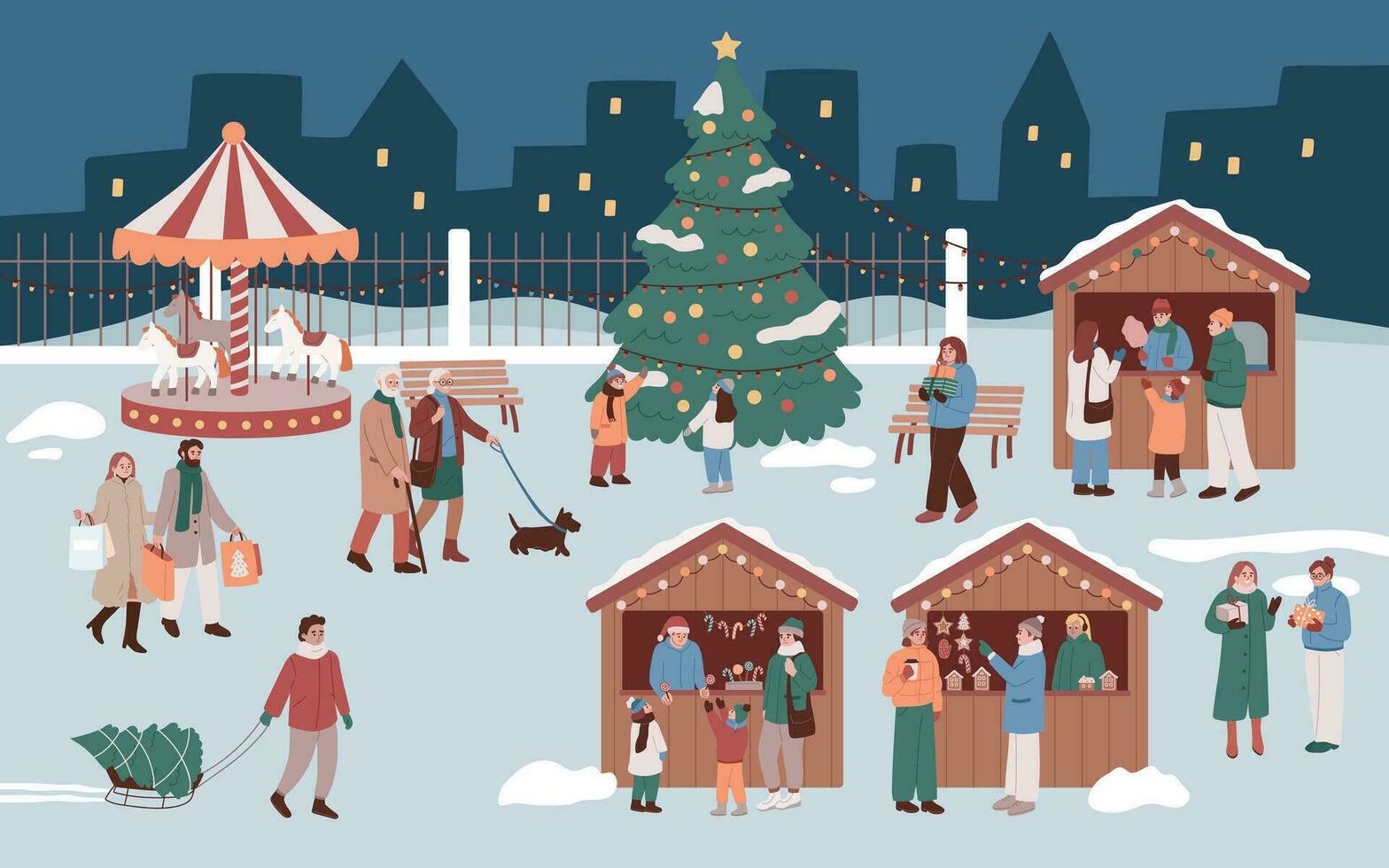 Christmas fair. Happy crowd. Christmas market. Family, people, buying treats, having fun, shopping, drinking and eating. New year market. Celebration, holidays outdoors. Flat vector illustration.