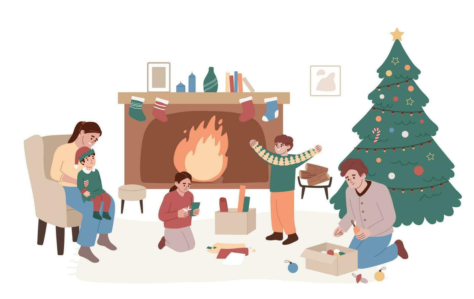 Family getting ready for Christmas celebration. Christmas tree new year tree decoration. Children making paper garlands. Mother and a toddler wearing elf costume. Fireplace and socks. Flat vector .