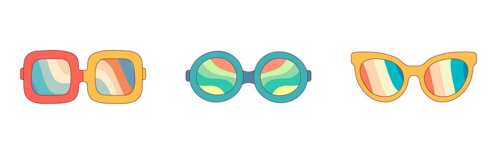 Cartoon retro glasses with ornate lenses. Vector illustration of hippie accessory. 70s disco attribute