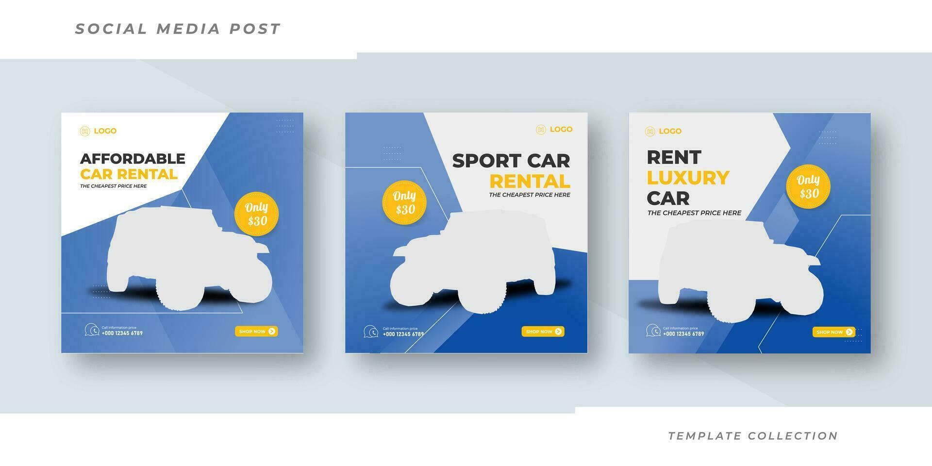 Set of three best automotive Sport Car rental promotion banner for social media post template set, car wash banner, Pro vector