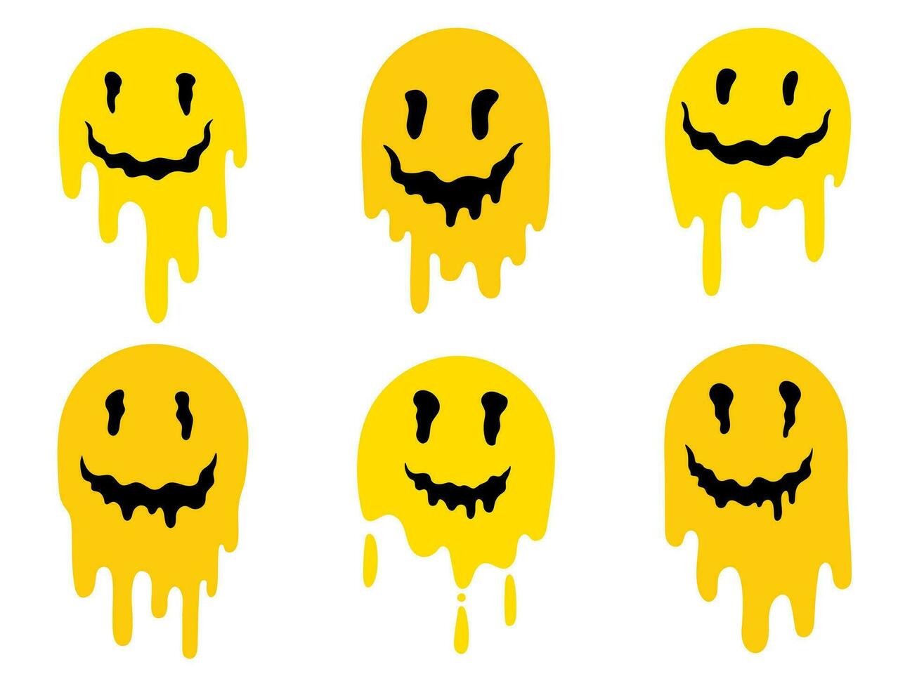 Melting or dripping smiles in flat stile. Set of psychedelic  Melted smile faces in trippy acid rave style isolated on white background. Set of hand drawn icons. vector