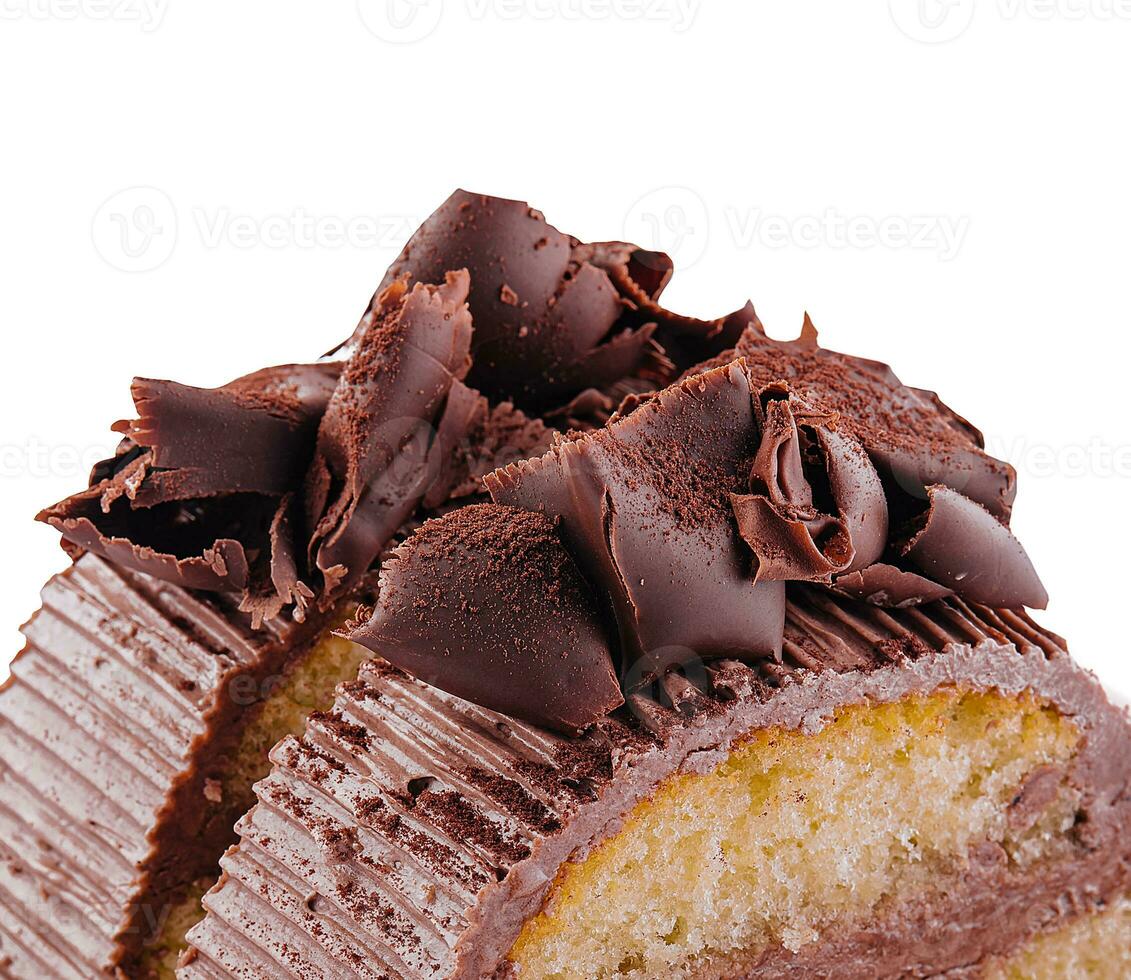 Chocolate roll with cream on a white plate photo