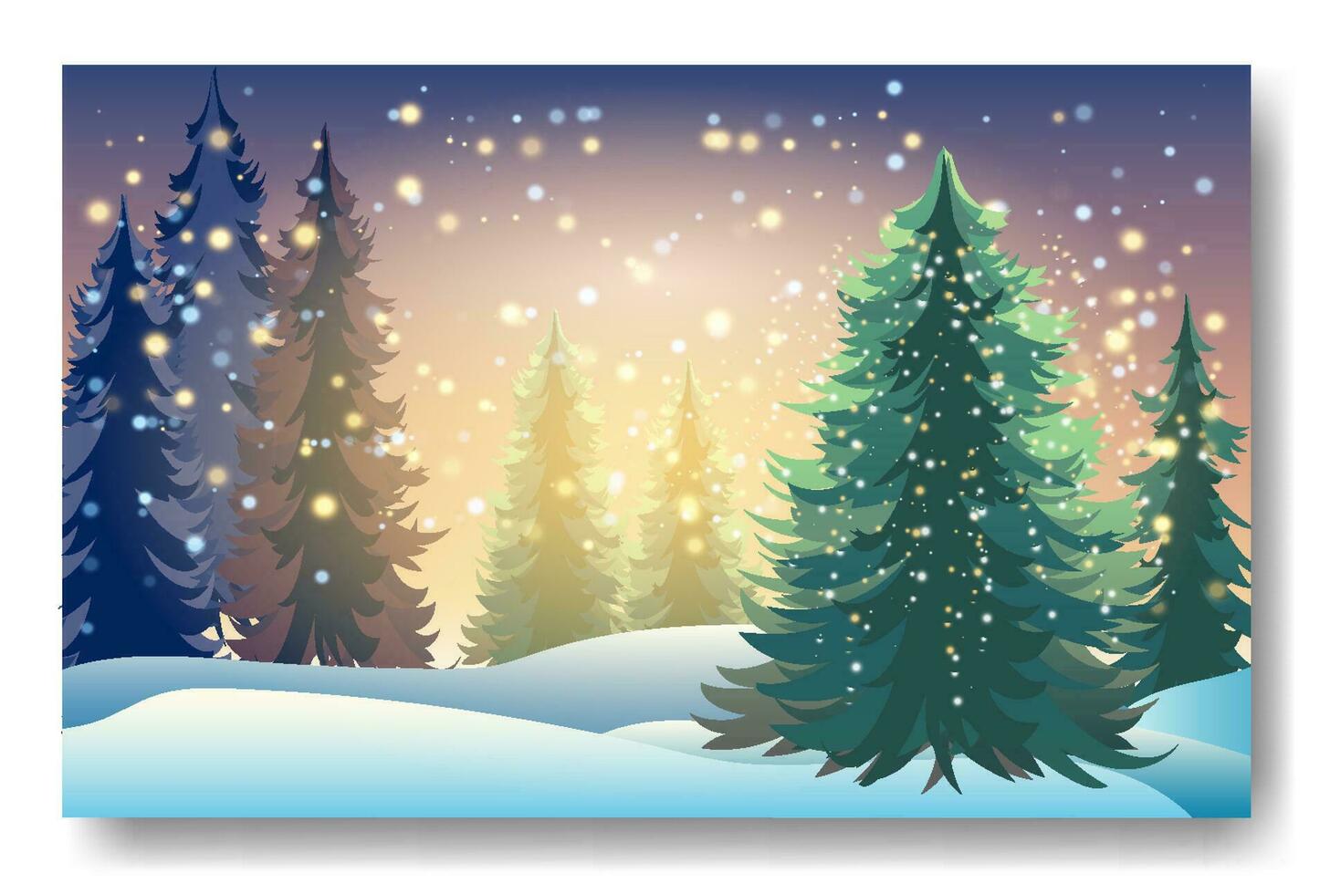 Winter background landscape with fir trees and pines in snow. Coniferous forest, night, sky, stars. Christmas Decoration. Vector illustration