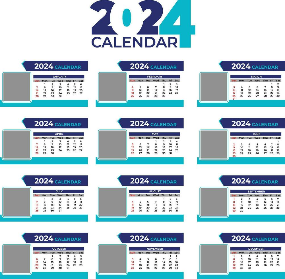 2024 Table Calendar Template in a Stylish Blue Color Theme for New Year. vector