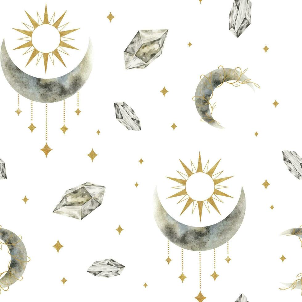 Crescent moon, stars, sun and crystals. Watercolor seamless pattern. Crescent moons. Esoteric signs and symbols. Isolated. Minimalistic print for design, print, fabric or background. vector