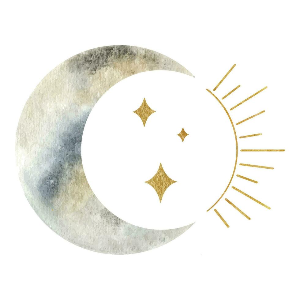 Crescent moon and sun. Esoteric signs and symbols. Watercolor illustrations on the topic of astrology and esotericism. Isolated. Minimalistic illustration for design, print, fabric or background. vector