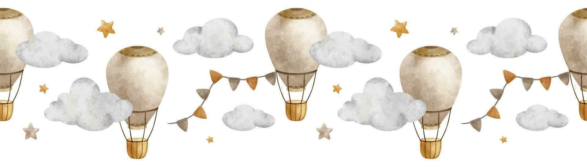 Beige Hot Air Balloons, flags, clouds and stars. Cute baby seamless border. Children's background. Watercolor frame. Isolated. Design for kid's goods, postcards, baby shower and children's room vector