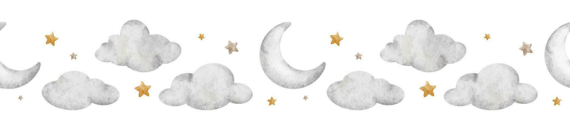 Crescent moon and stars. Cute baby seamless border. Children's background. Watercolor border Isolated. Design for kid's goods, postcards, baby shower and children's room vector