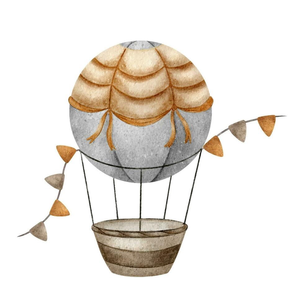 Beige Hot Air Balloon with basket and garland of flags. Cute baby aircraft with pennants. Watercolor illustration. Isolated. For kid's goods, clothes, postcards, baby shower and children's room vector