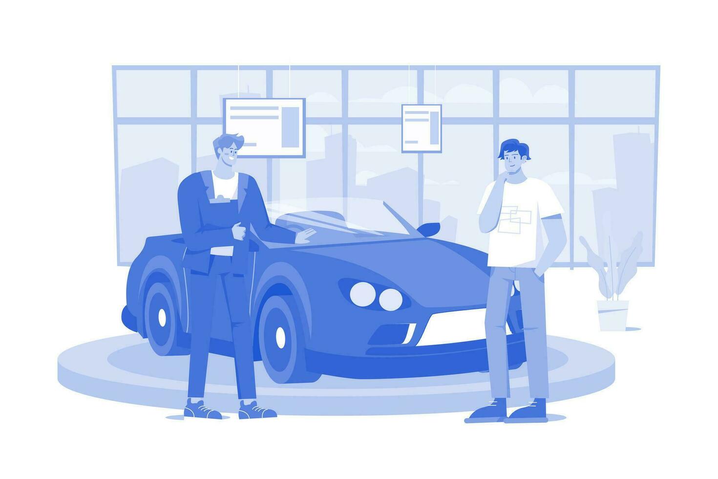 vendedor mostrando el vehículo a un cliente potencial en el concesionario vector