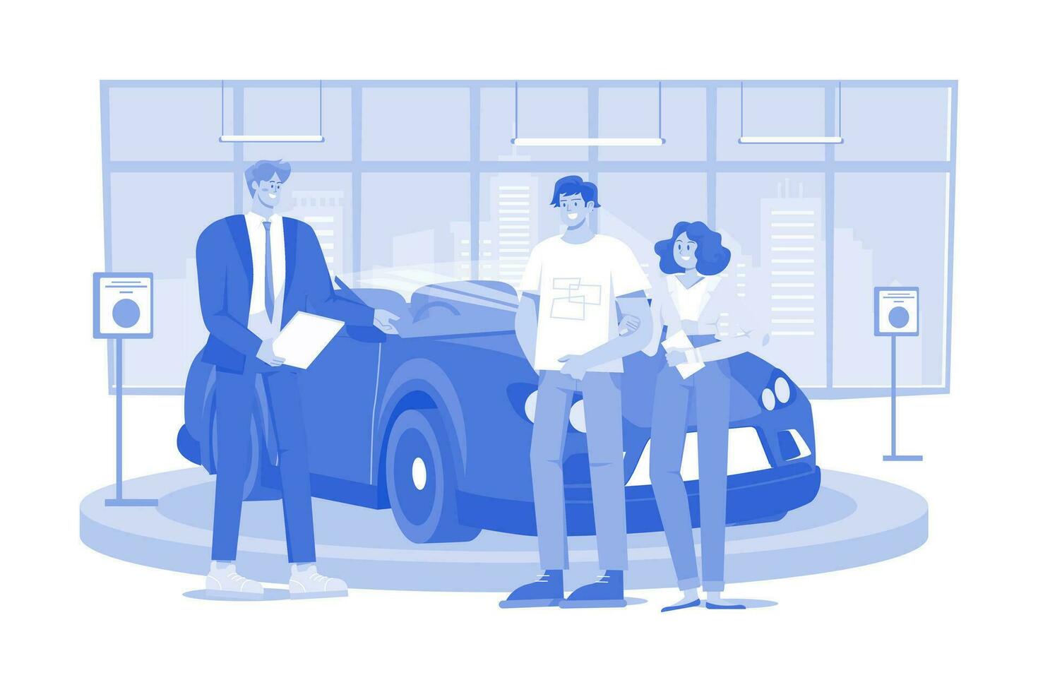 Salesman Talking To A Young Couple At The Dealership Showroom. vector