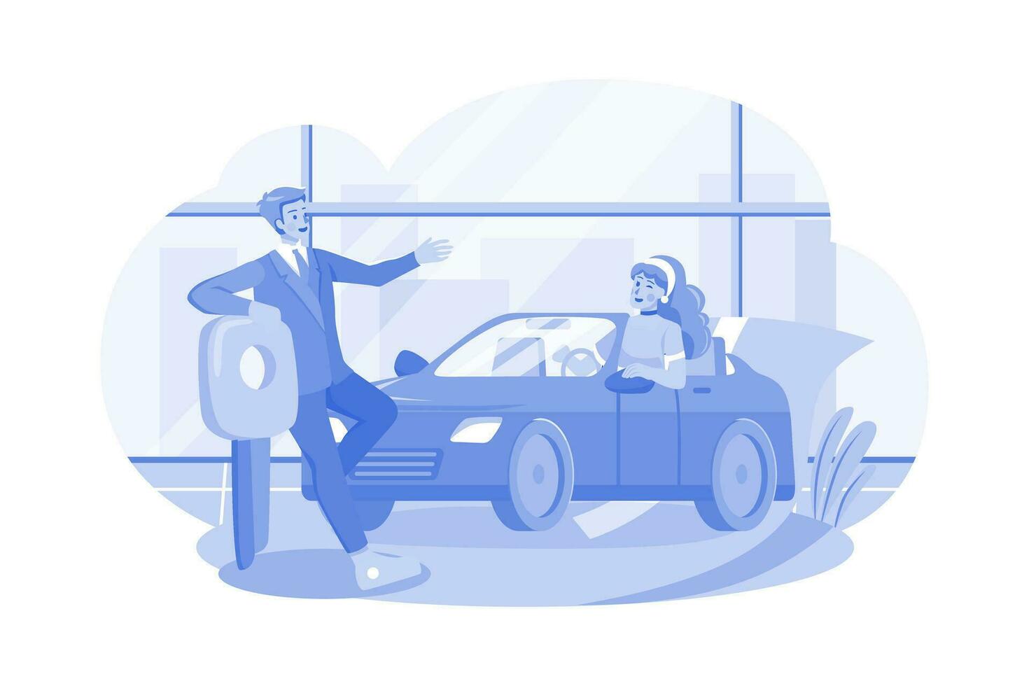 Female Customer Taking Test Ride Of New Car vector