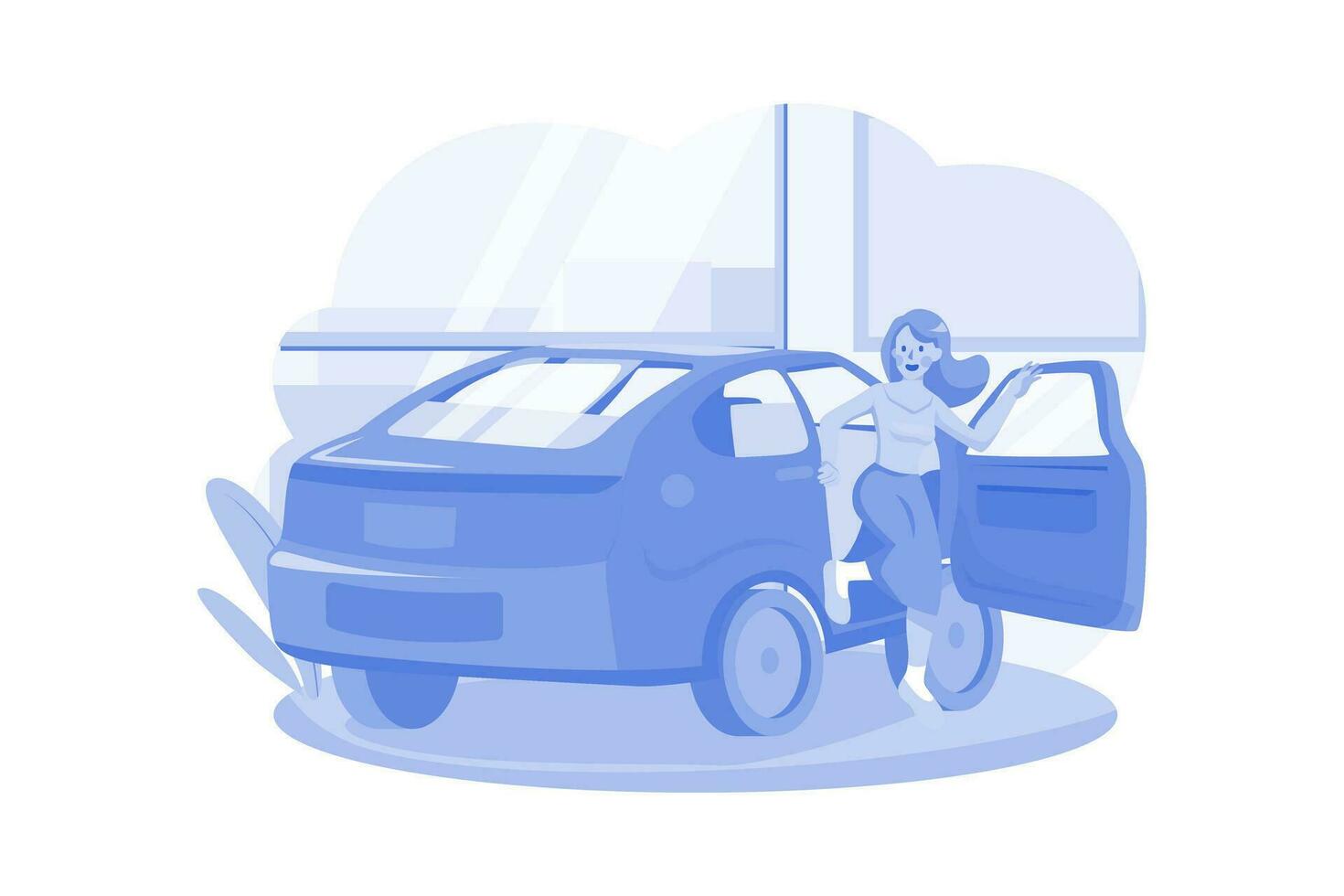 Woman Sitting In A Car In Showroom vector