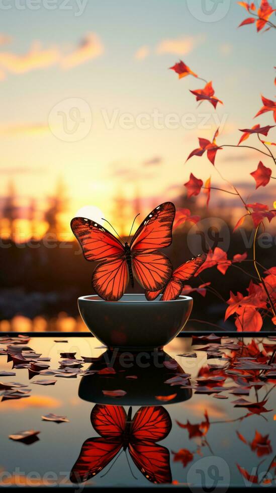 Butterfly in spring autumn in yellow light AI generated photo