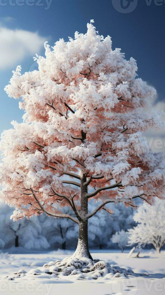 Winter white tree covered by snow AI generated photo