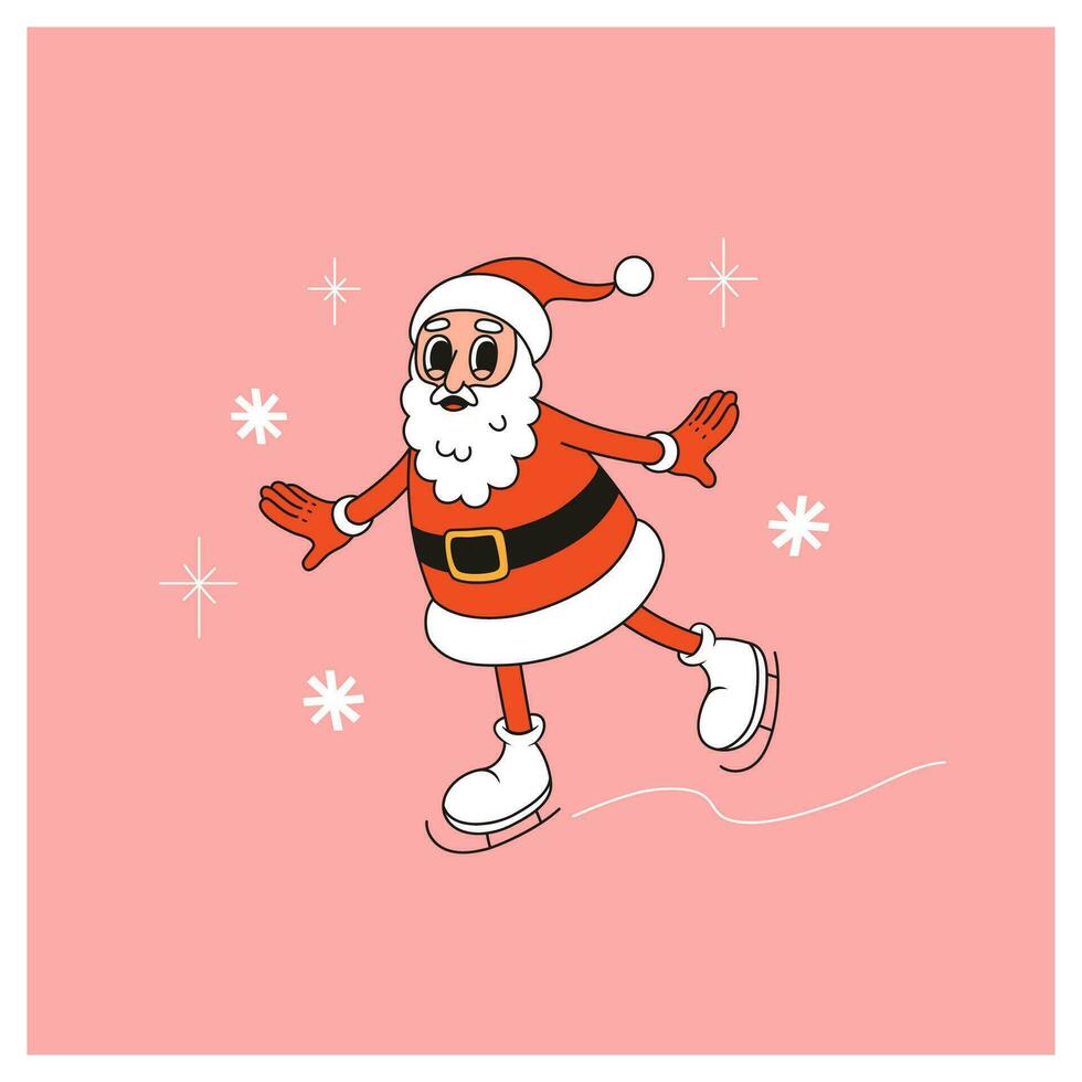 Merry Christmas card with cartoon Santa Claus on skates. Greeting card, poster, template. Vector illustration in retro style.