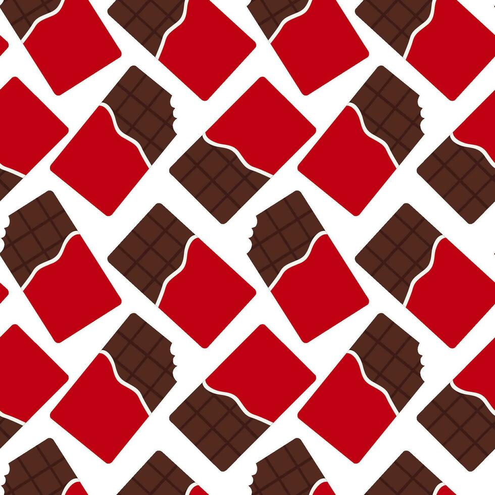 Seamless pattern with red packaging chocolate bars. Whole and bitten chocolate bar. Cartoon style. Vector flat background.