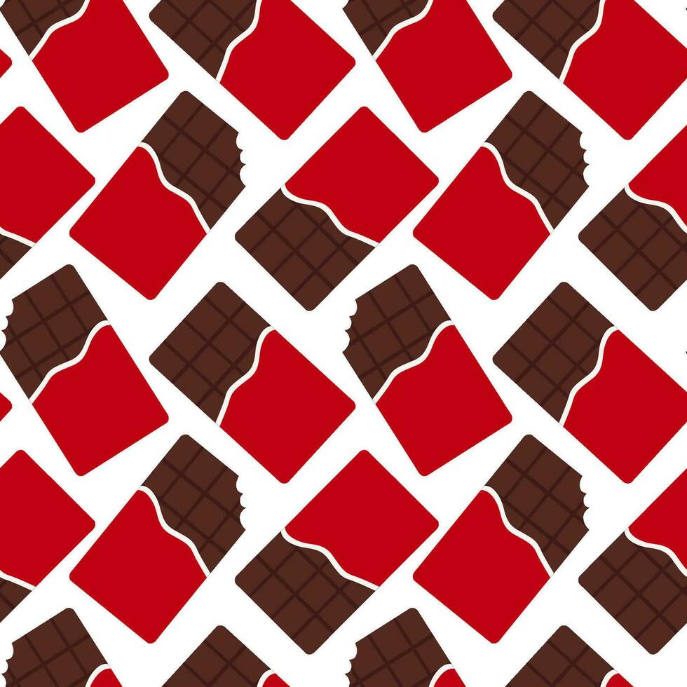 Seamless pattern with red packaging chocolate bars. Whole and bitten chocolate bar. Cartoon style. Vector flat background.