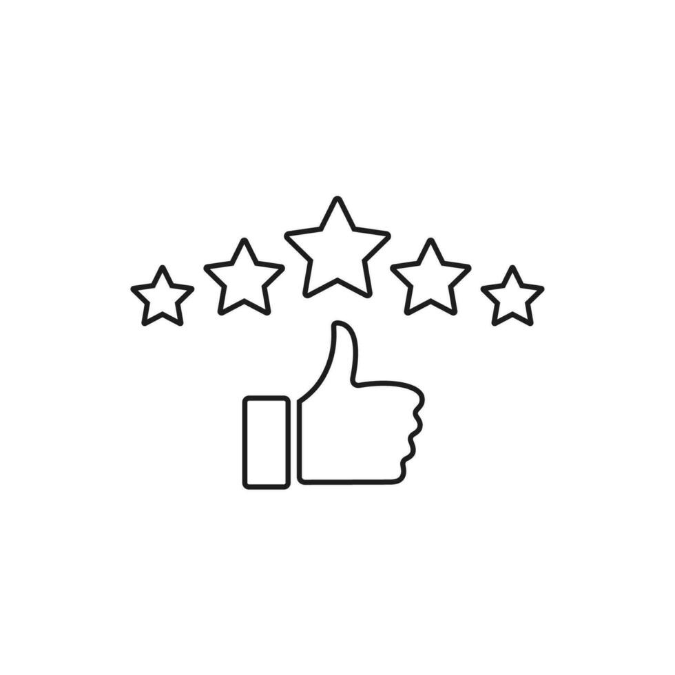 Five stars rating review icon. Feedback, Best seller, Quality icon. Hand with thumb up and stars rating icon vector