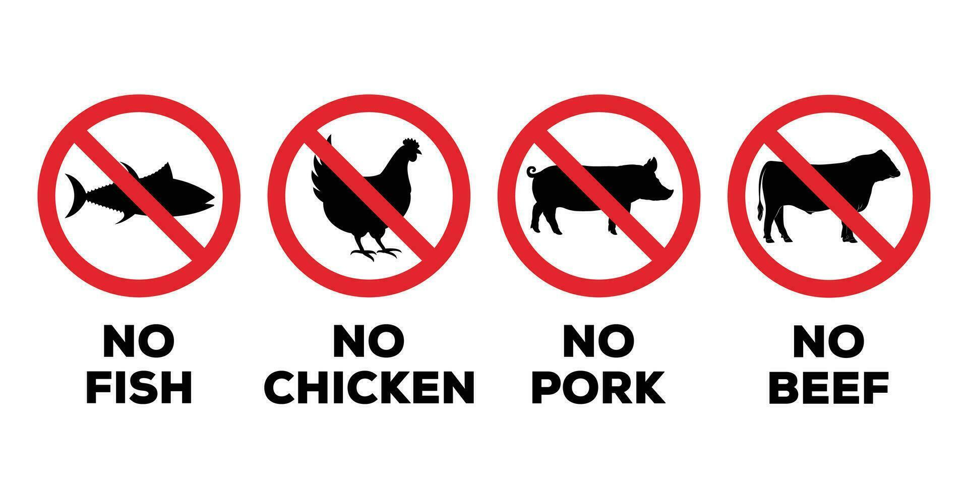 No pork, chicken, beef, and fish signs. Prohibitory signs with crossed out pig, hen, cow, and carp, symbols. No animal sign symbol icon collection vector