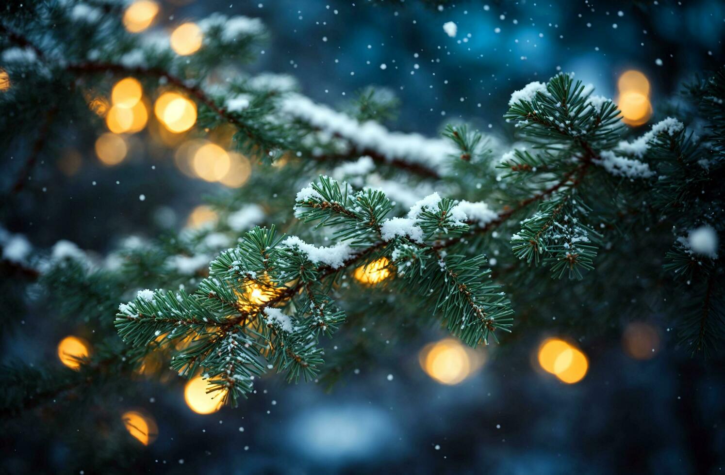 AI generated Christmas holiday background. Christmas evergreen spruce tree with snow sprinkled on the leaves. Snow blurred background. photo