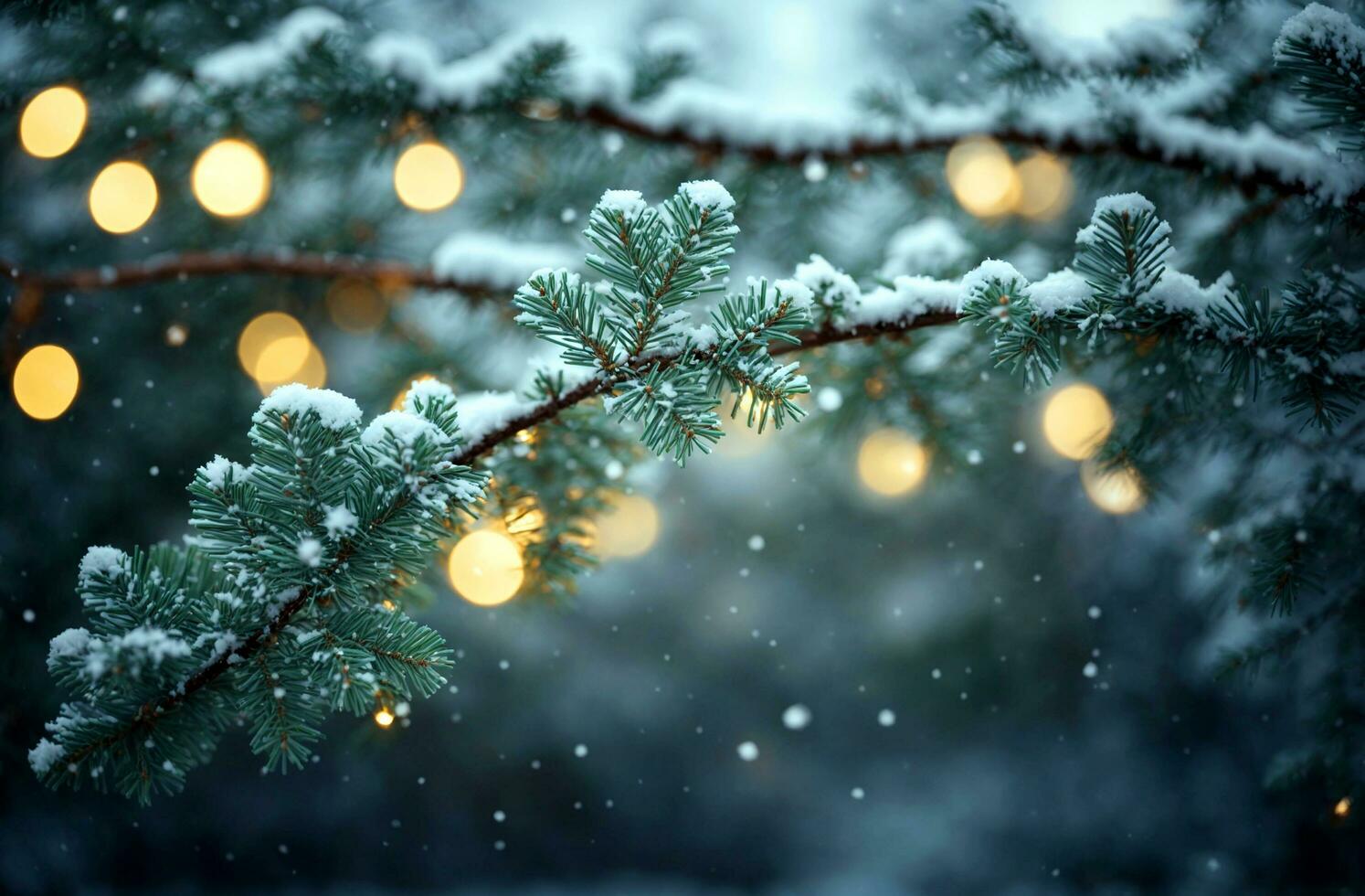 AI generated Christmas holiday background. Christmas evergreen spruce tree with snow sprinkled on the leaves. Snow blurred background. photo