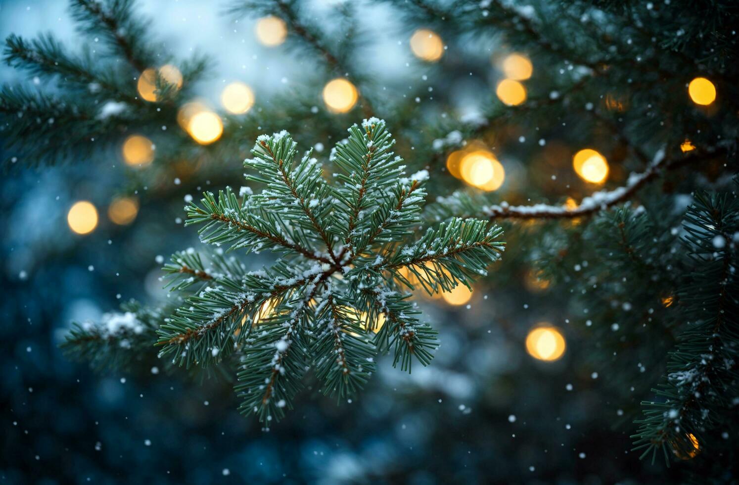 AI generated Christmas holiday background. Christmas evergreen spruce tree with snow sprinkled on the leaves. Snow blurred background. photo