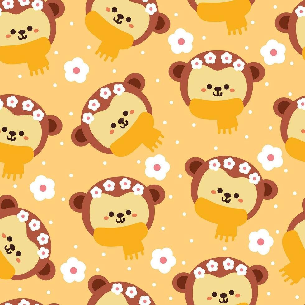 seamless pattern cartoon monkey wearing scarf and flower crown. cute animal wallpaper illustration for gift wrap paper vector