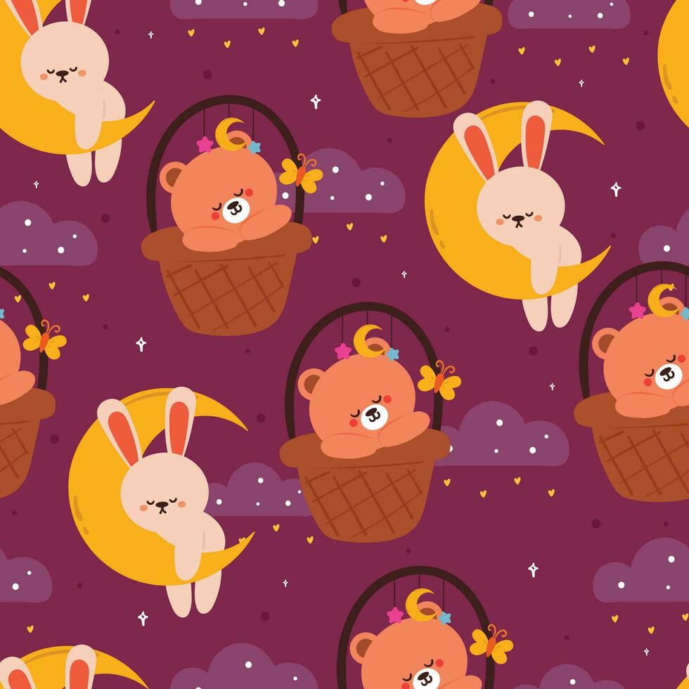 seamless pattern cartoon bunny on the moon, and bear inside a basket in the night sky. cute illustration design. animal pattern for gift wrap paper vector