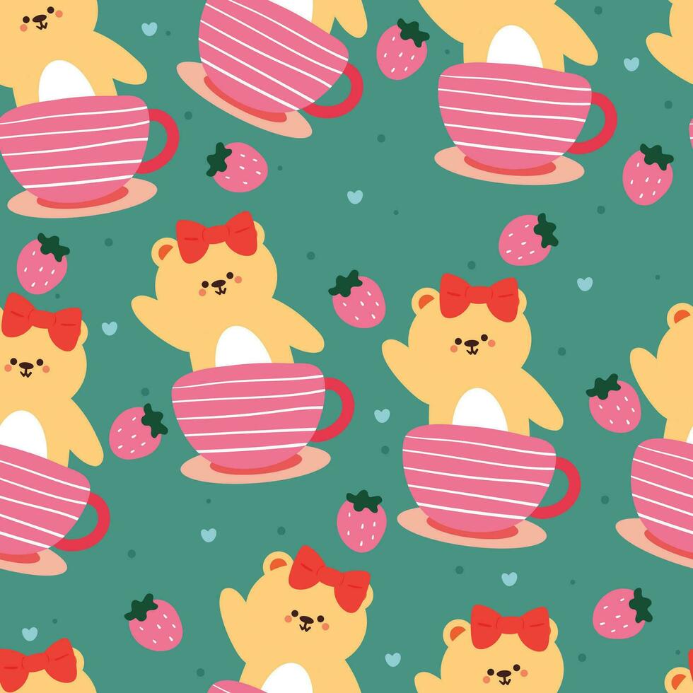 seamless pattern cartoon bear inside a cup. cute animal wallpaper illustration for gift wrap paper vector