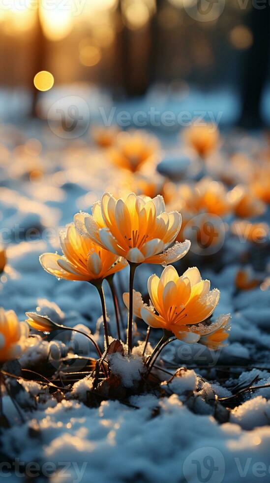 Winter plox flower covered by snow evening sun AI generated photo