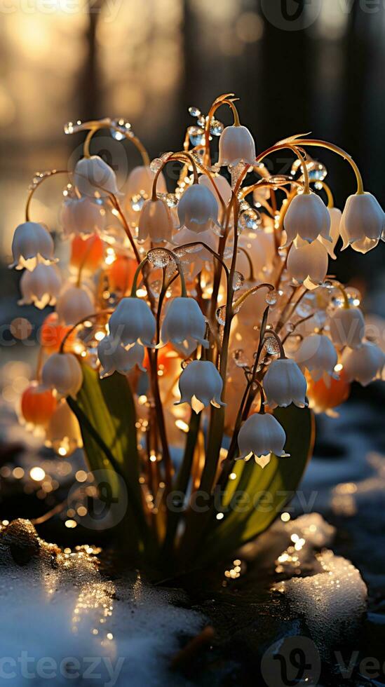 Lily of the valley flower on winter snow evening sun AI generated photo