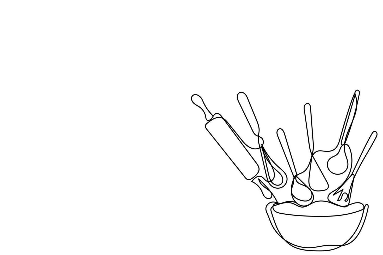 continuo línea Arte de cocina utensilios y cuchillería colocar. cuchara, cuchillo, espátula, tenedores, platos, bochas, especias frascos, cacerola y fritura pan vector. vector