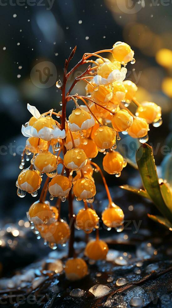 Lily of the valley flower on winter snow evening sun AI generated photo