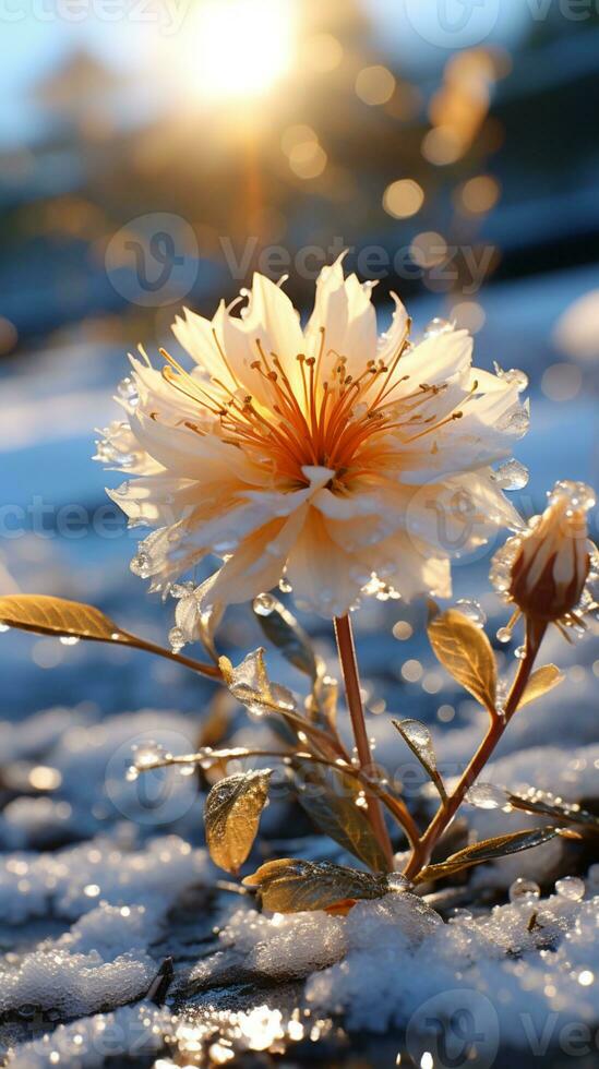 Glory on the snow flower on winter evening sun AI generated photo