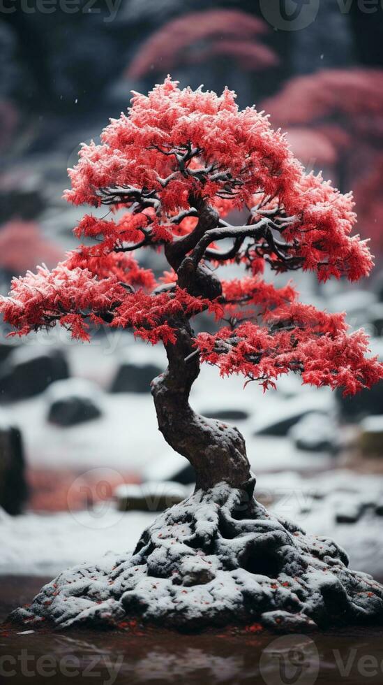 Winter red tree covered by snow AI generated photo