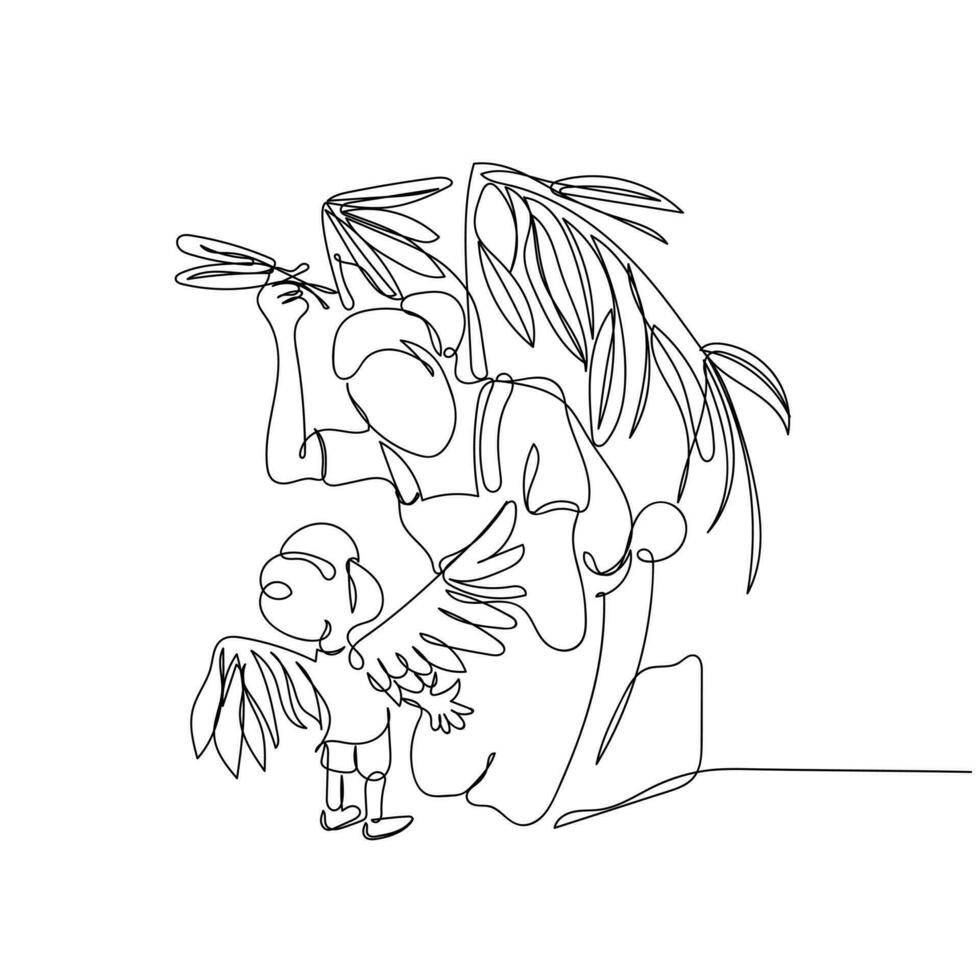 line art vector of a mother being an angel for kid.