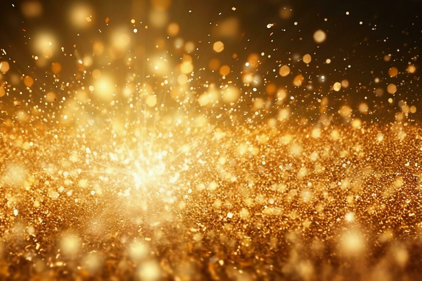Christmas golden background with lights, bokeh and sparks. Golden holiday New Year. Abstract background, wallpaper. Banner with blurry bokeh and small shiny sprinkles. photo