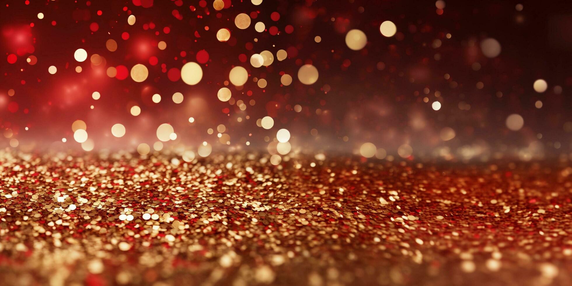 Christmas red background with lights, bokeh and sparks. Golden holiday New Year. Abstract background, wallpaper. Banner with blurry bokeh and small shiny sprinkles photo