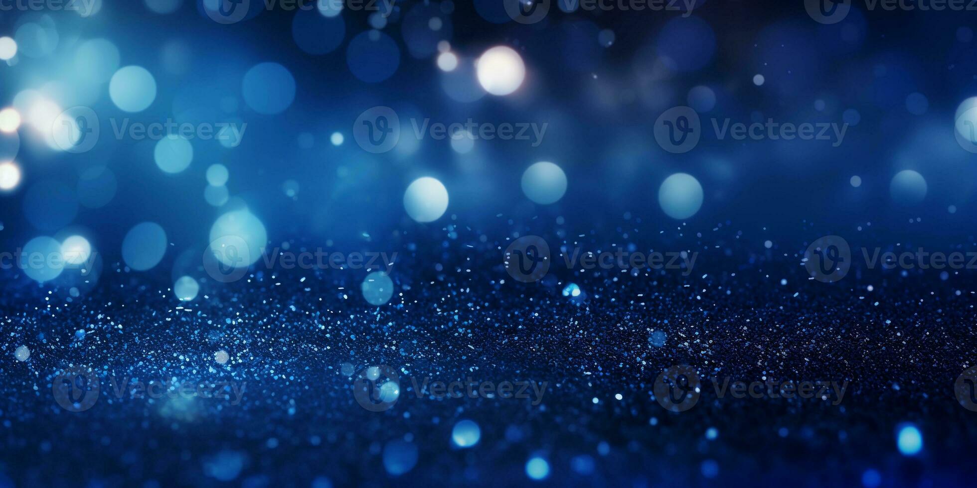Christmas blue background with lights, bokeh and sparks. New Year holiday. Abstract background, wallpaper. Banner with blurry bokeh and small shiny sprinkles photo